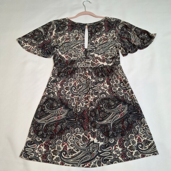 Eoote Grey Pailsley Empire Fit n Flare Mini Dress Size M Stretch Flutter Sleeves - Picture 9 of 16